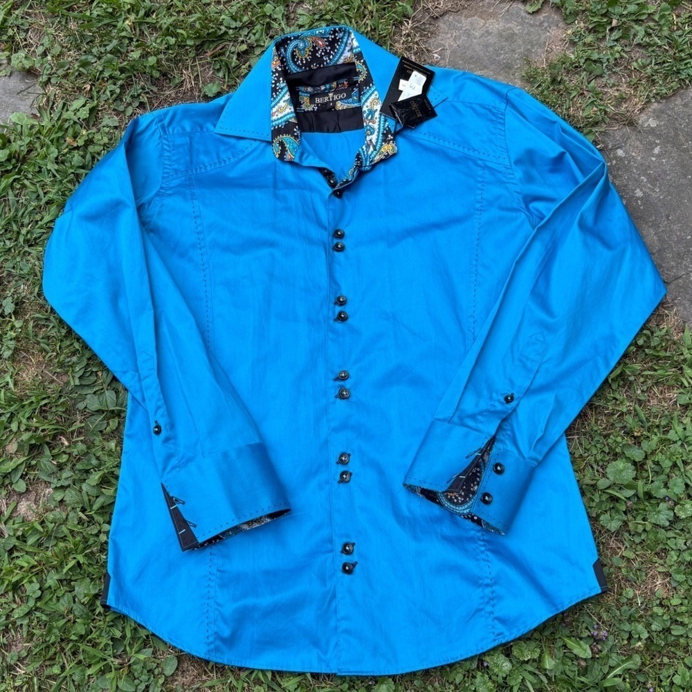 Bertigo Mens Dress Shirt‎ Size L Blue Long Sleeve Contrast Paisley Collar Cuffs